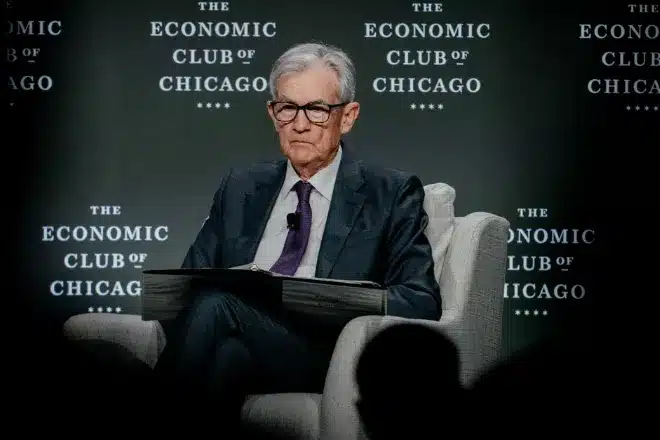 Jerome Powell, chairman of the US Federal Reserve, during an Economic Club of Chicago event in Chicago, Illinois, US, on Wednesday, April 16, 2025.
