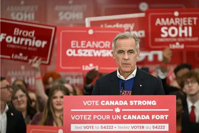 Liberal party leader Mark Carney speaks in Edmonton