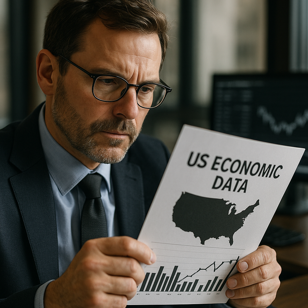 a man in a suit and tie reading a paper with a graph