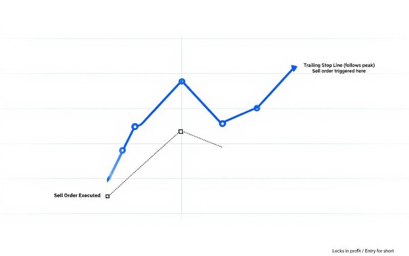 A sell trailing stop exits longs or starts shorts as prices fall